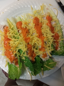 Lunch: romaine lettuce stuffed with tuna salad, topped with cheddar and Buffalo sauce (butter + Frank's hot sauce)